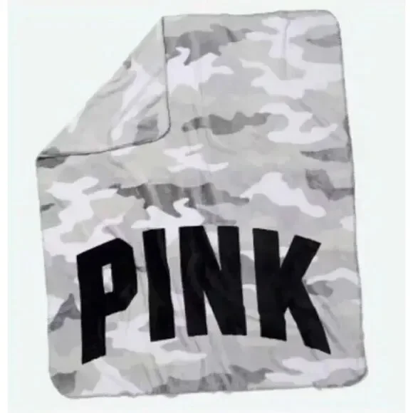 Victoria’s Secret Pink Cozy Soft Plush Blanket 50”x60”white gray Camo logo - Picture 2 of 3